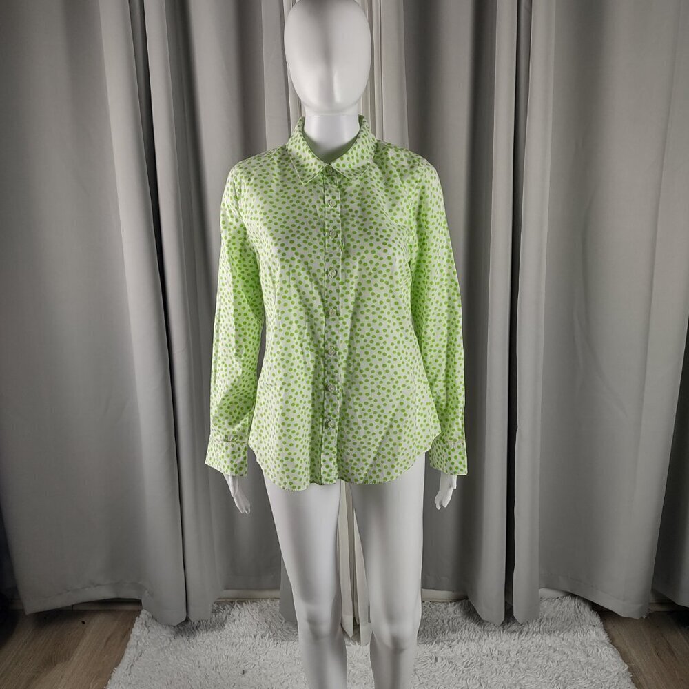 Crown & Ivy 100% Cotton, Green & White Polka Dot Print Button Down Shirt Small - Picture 2 of 13